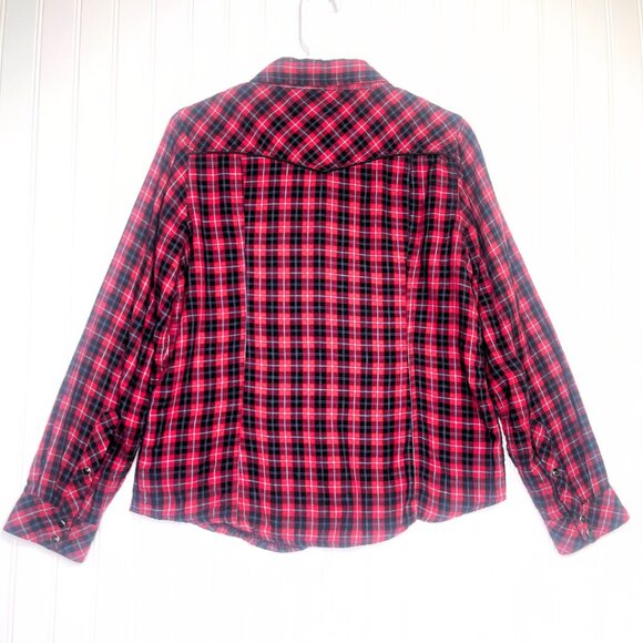 Red Multi Color Long Sleeve Button Up Pearl Snap Flannel Shirt Large - Picture 3 of 14
